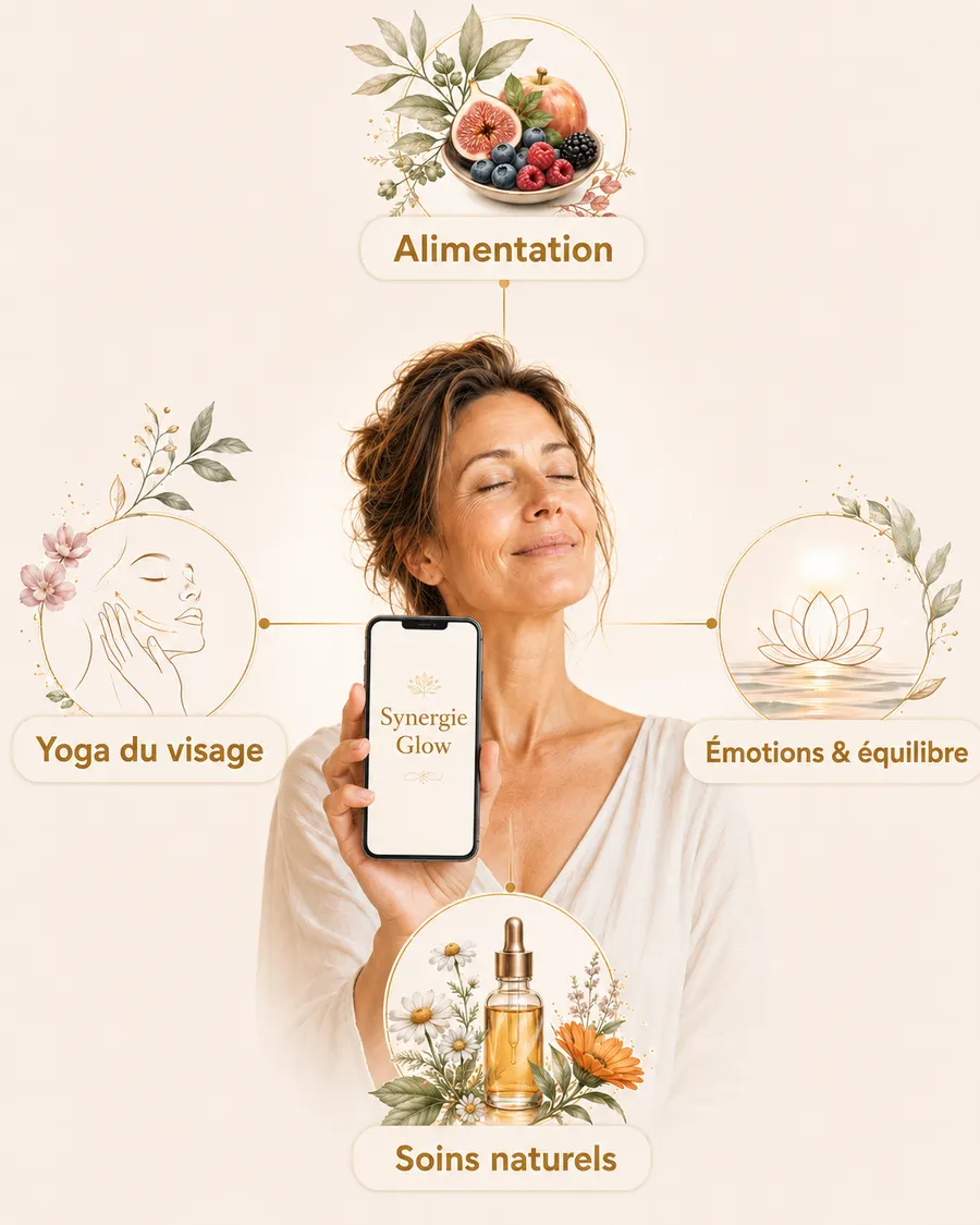 La méthode Synergie Glow : la femme au centre de ses 4 piliers beauté — alimentation, yoga du visage, émotions, soins naturels.